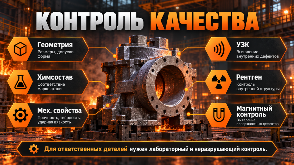 Контроль качества стальных отливок: УЗК, рентген, химический состав и геометрия